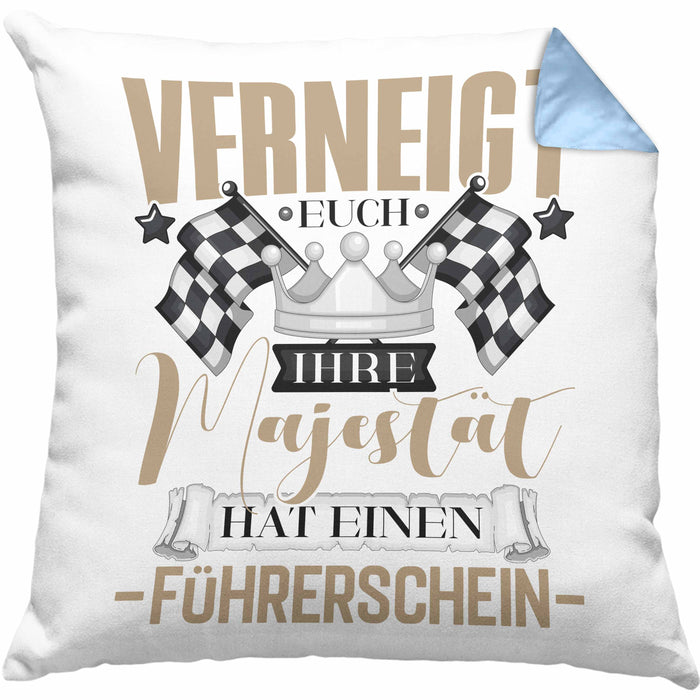 Führerschein Bestanden Geschenk Kissen mit Füllung 40x40 Bestandener Führerschein Verneigt Euch Ihre Majestät Hat Einen Führerschein Fahrschule (Grau) Blau Trendation