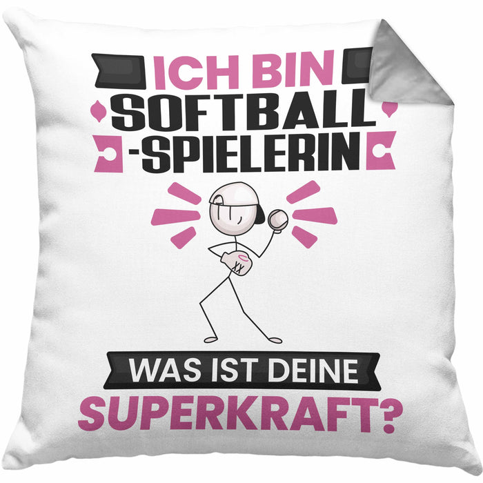Softballspielerin Kissen mit Füllung 40x40 Geschenk für Softballspielerin Geburtstag Lustiger Spruch Was Ist Deine Superkraft (Grau) Grau Trendation