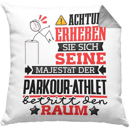Parkour-Athlet Geschenk Kissen mit Füllung 40x40 Lustiger Spruch Erheben Sie Sich Der Parkour-Athlet Betritt den Raum (Grau) Grau Trendation