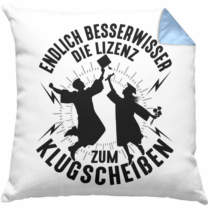 Bachelor Kissen mit Füllung 40x40 Master Studium Endlich Besserwisser Geschenk (Grau) Blau Trendation