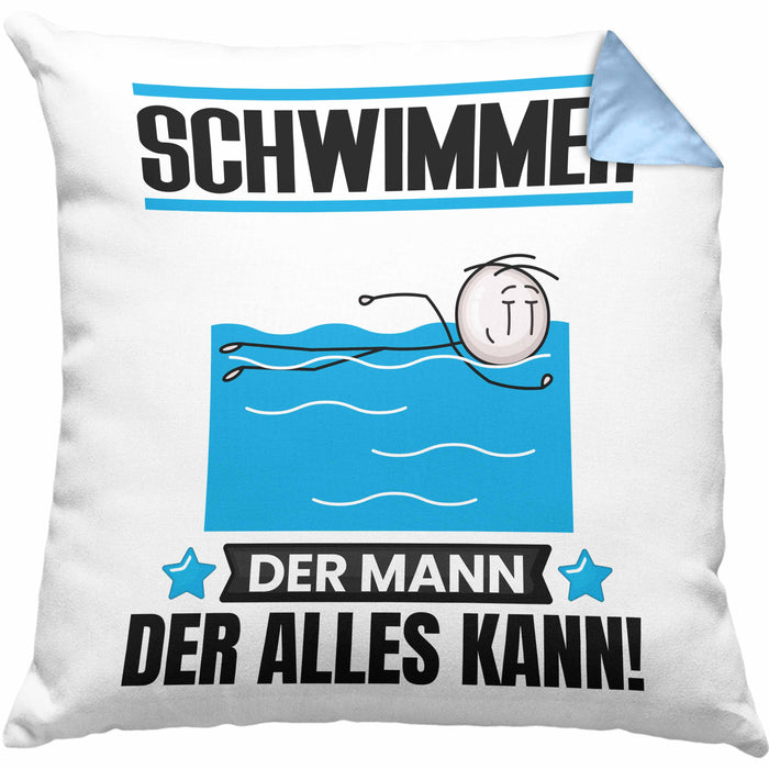 Schwimmer Kissen mit Füllung 40x40 Geschenk für Schwimmer Der Mann Der Alles Kann Geschenkidee zum Geburtstag (Grau) Blau Trendation