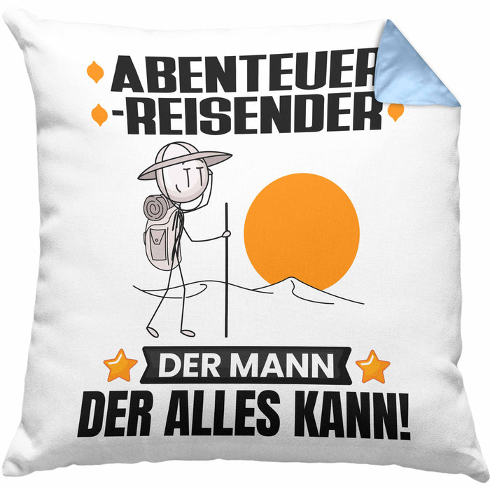 Abenteurreisender Kissen mit Füllung 40x40 Geschenk für Abenteurreisender Der Mann Der Alles Kann Geschenkidee zum Geburtstag (Grau) Blau Trendation