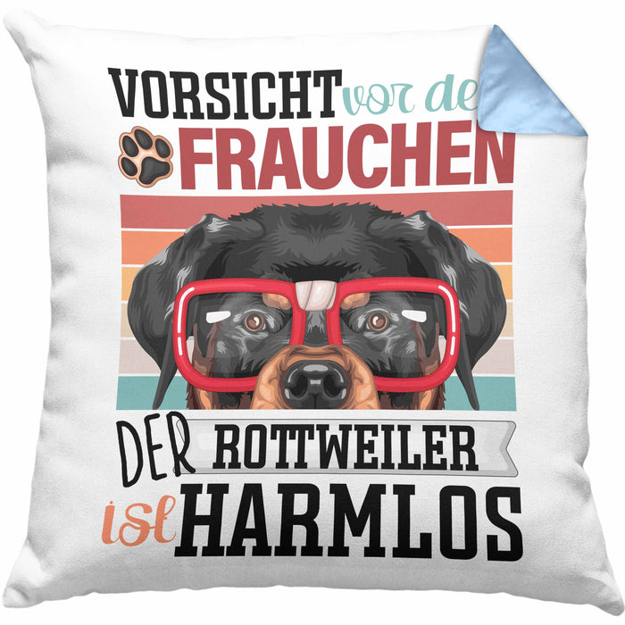 Rottweiler Besitzerin Frauchen Kissen mit Füllung 40x40 Geschenk Lustiger Spruch Geschenkidee Vorsicht Vor Dem Frauchen (Grau) Blau Trendation