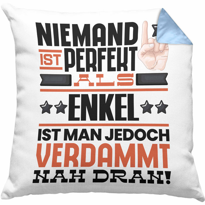 Enkel Geschenk Kissen mit Füllung 40x40 Lustige Geschenkidee für Enkel Geburtstag Niemand Ist Perfekt Aber Als Enkel Ist Man Nah Dran (Grau) Blau Trendation
