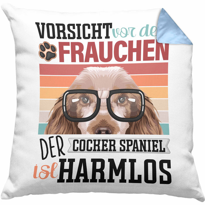 Cocker Spaniel Besitzerin Frauchen Kissen mit Füllung 40x40 Geschenk Lustiger Spruch Geschenkidee Vorsicht Vor Dem Frauchen (Grau) Blau Trendation
