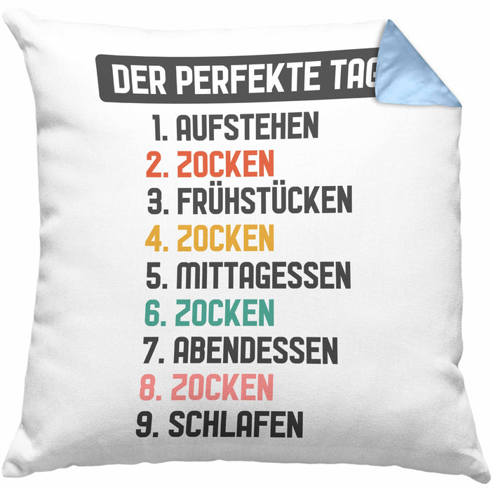 Zocker Gamer Kissen mit Füllung 40x40 mit Spruch Geschenk Junge Jungs Gaming Der Perfekte Tag (Grau) Blau Trendation