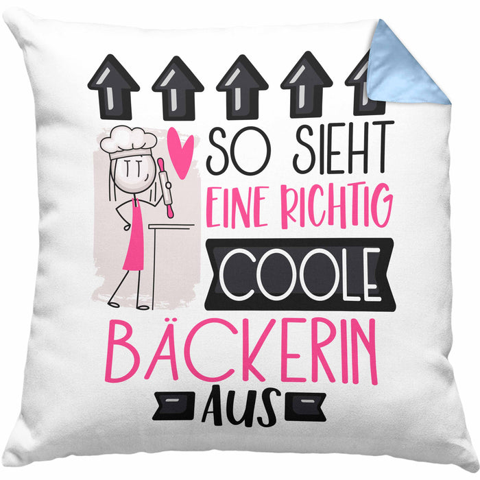Bäckerin Geschenk Kissen mit Füllung 40x40 Lustig Geschenkidee für Bäckerin Geburtstag So Sieht Eine Richtig Coole Bäckerin Aus Frauen Spruch (Grau) Blau Trendation