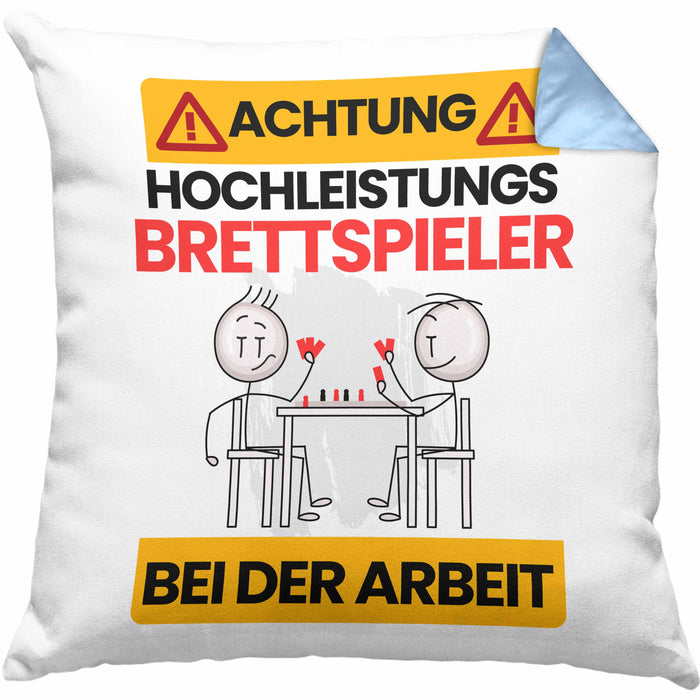 Brettspieler Kissen mit Füllung 40x40 Geschenk Lustiger Spruch Geschenkidee für Brettspieler Achtung Hochleistungs Brettspieler Bei Der Arbeit (Grau) Blau Trendation
