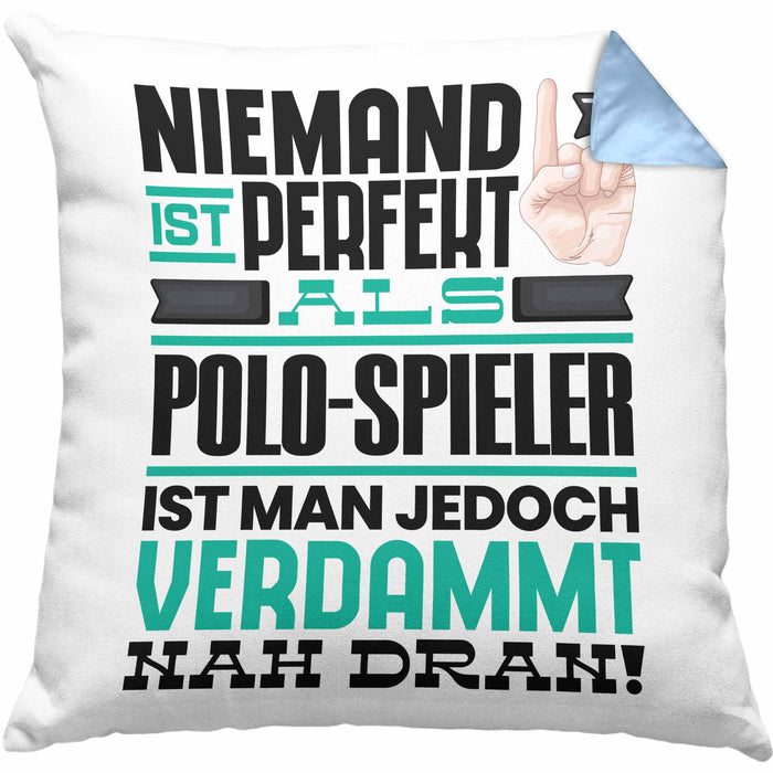 Polo-Spieler Geschenk Kissen mit Füllung 40x40 Lustige Geschenkidee für Polo-Spieler Geburtstag Niemand Ist Perfekt Aber Als Polo-Spieler Ist Man Nah Dran (Grau) Blau Trendation
