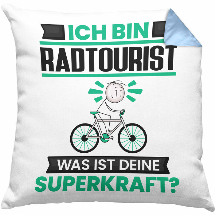 Radtourist Kissen mit Füllung 40x40 Geschenk für Radtourist Geburtstag Lustiger Spruch Was Ist Deine Superkraft (Grau) Blau Trendation