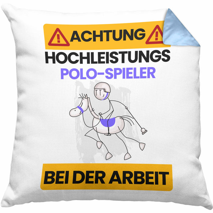 Polo-Spieler Kissen mit Füllung 40x40 Geschenk Lustiger Spruch Geschenkidee für Polo-Spieler Achtung Hochleistungs Polo-Spieler Bei Der Arbeit (Grau) Blau Trendation