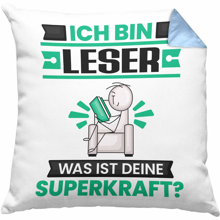 Leser Kissen mit Füllung 40x40 Geschenk für Leser Geburtstag Lustiger Spruch Was Ist Deine Superkraft (Grau) Blau Trendation