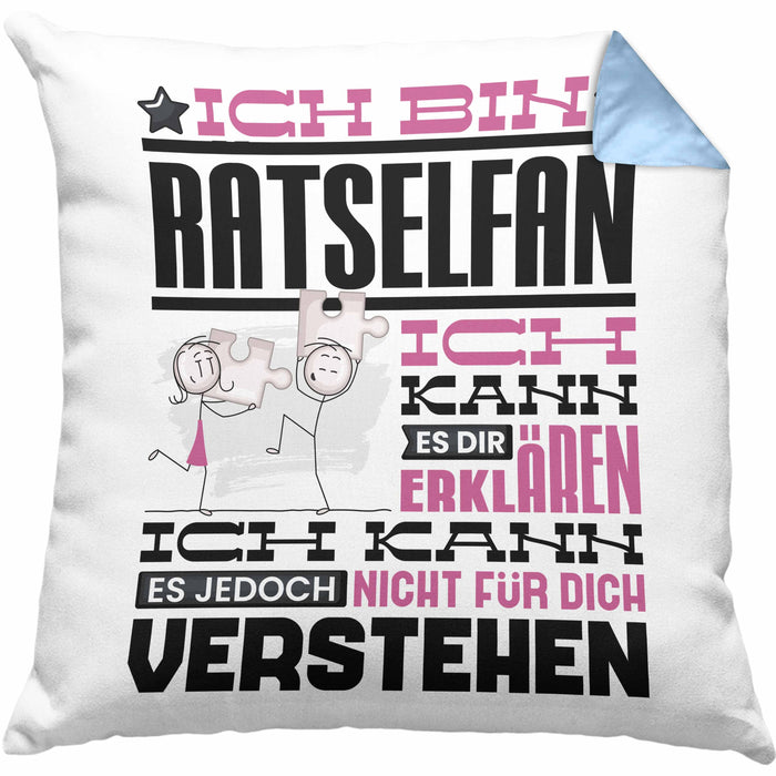 Rätselfan Geschenk Kaffee-Kissen mit Füllung 40x40 Geschenkidee für Rätselfan Ich Bin Rätselfan Ich Kann Es Dir Erklären Jedoch Nicht Für Dich Verstehen Spruch Lustig (Grau) Blau Trendation