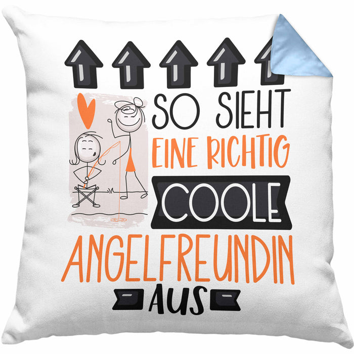 Angelfreundin Geschenk Kissen mit Füllung 40x40 Lustig Geschenkidee für Angelfreundin Geburtstag So Sieht Eine Richtig Coole Angelfreundin Aus Frauen Spruch Anglerin (Grau) Blau Trendation