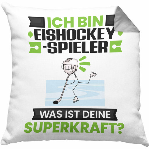 Eishockeyspieler Kissen mit Füllung 40x40 Geschenk für Eishockeyspieler Geburtstag Lustiger Spruch Was Ist Deine Superkraft (Grau) Grau Trendation