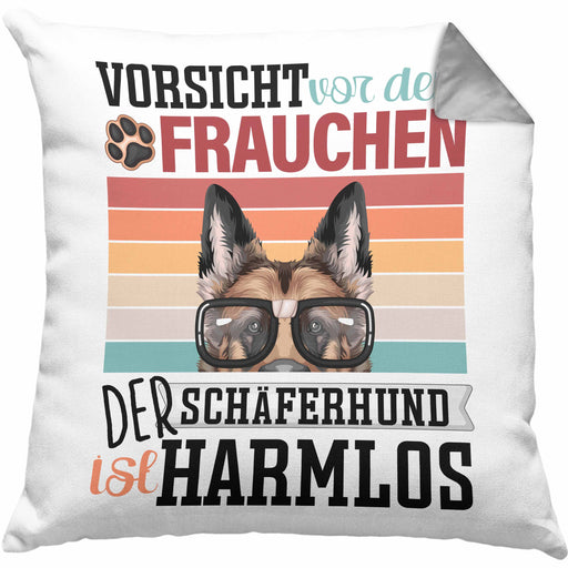 Schäferhund Besitzerin Frauchen Kissen mit Füllung 40x40 Geschenk Lustiger Spruch Geschenkidee Vorsicht Vor Dem Frauchen (Grau) Grau Trendation