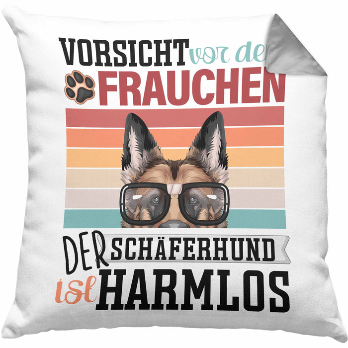 Schäferhund Besitzerin Frauchen Kissen mit Füllung 40x40 Geschenk Lustiger Spruch Geschenkidee Vorsicht Vor Dem Frauchen (Grau) Grau Trendation