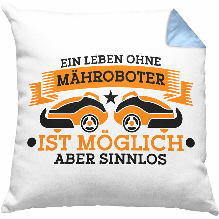 Lustige Kissen mit Füllung 40x40 für Mähroboter-Fans - Geschenkidee für Gartenliebhaber (Grau) Blau Trendation