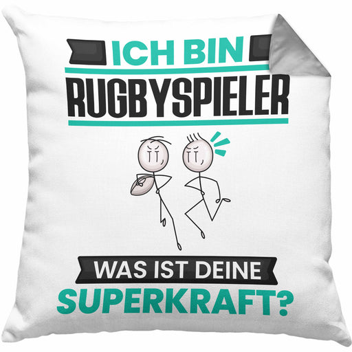 Rugbyspieler Kissen mit Füllung 40x40 Geschenk für Rugbyspieler Geburtstag Lustiger Spruch Was Ist Deine Superkraft (Grau) Grau Trendation