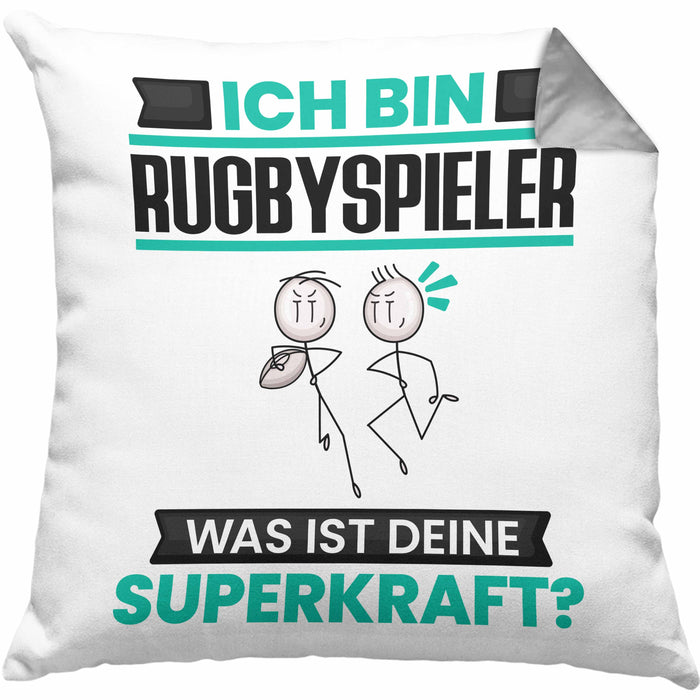 Rugbyspieler Kissen mit Füllung 40x40 Geschenk für Rugbyspieler Geburtstag Lustiger Spruch Was Ist Deine Superkraft (Grau) Grau Trendation