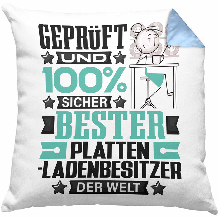 Plattenladenbesitzer Geschenk Lustiger Spruch für Plattenladenbesitzer Geschenkidee Bester Plattenladenbesitzer Der WeltKissen mit Füllung 40x40 (Grau) Blau Trendation