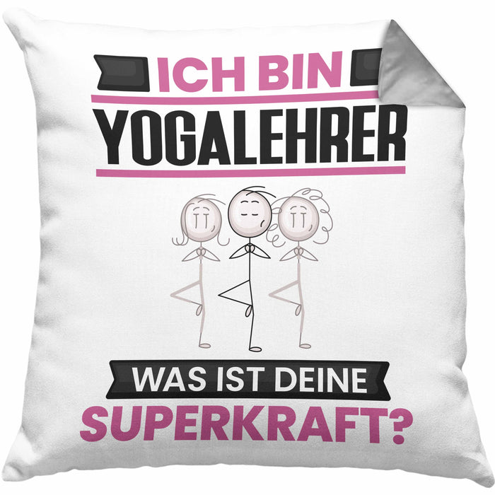 Yogalehrer Kissen mit Füllung 40x40 Geschenk für Yogalehrer Geburtstag Lustiger Spruch Was Ist Deine Superkraft (Grau) Grau Trendation