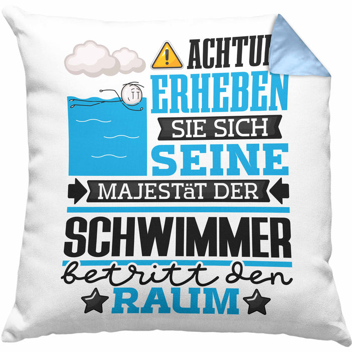 Schwimmer Geschenk Kissen mit Füllung 40x40 Lustiger Spruch Erheben Sie Sich Der Schwimmer Betritt den Raum (Grau) Blau Trendation