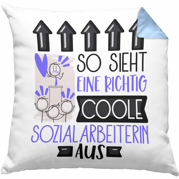 Sozialarbeiterin Geschenk Kissen mit Füllung 40x40 Geschenkidee für Sozialarbeiterin Geburtstag Weihnachten Spruch So Sieht Eine Richtig Coole Sozialarbeiterin Aus (Grau) Blau Trendation
