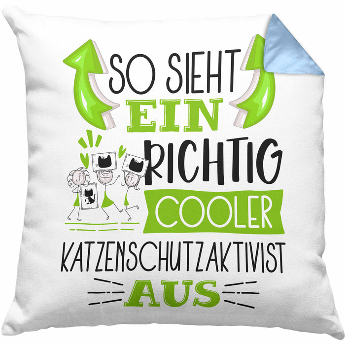 Katzenschutzaktivist Kissen mit Füllung 40x40 So Sieht Ein Richtig Cooler Katzenschutzaktivist Aus Geschenk Lustiger Spruch Geschenkidee (Grau) Blau Trendation
