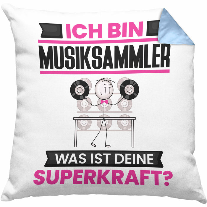 Musiksammler Kissen mit Füllung 40x40 Geschenk für Musiksammler Geburtstag Lustiger Spruch Was Ist Deine Superkraft (Grau) Blau Trendation