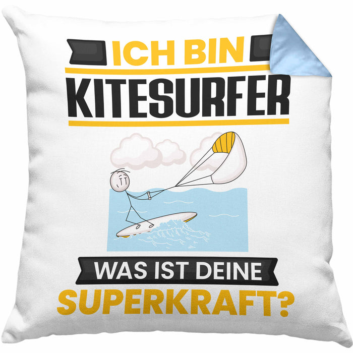 Kitesurfer Kissen mit Füllung 40x40 Geschenk für Kitesurfer Geburtstag Lustiger Spruch Was Ist Deine Superkraft (Grau) Blau Trendation