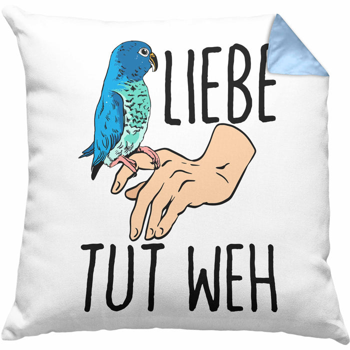 Lustige Wellensittich-Kissen mit Füllung 40x40 Geschenk für Wellensittich-Besitzer Liebe Tut Weh (Grau) Blau Trendation