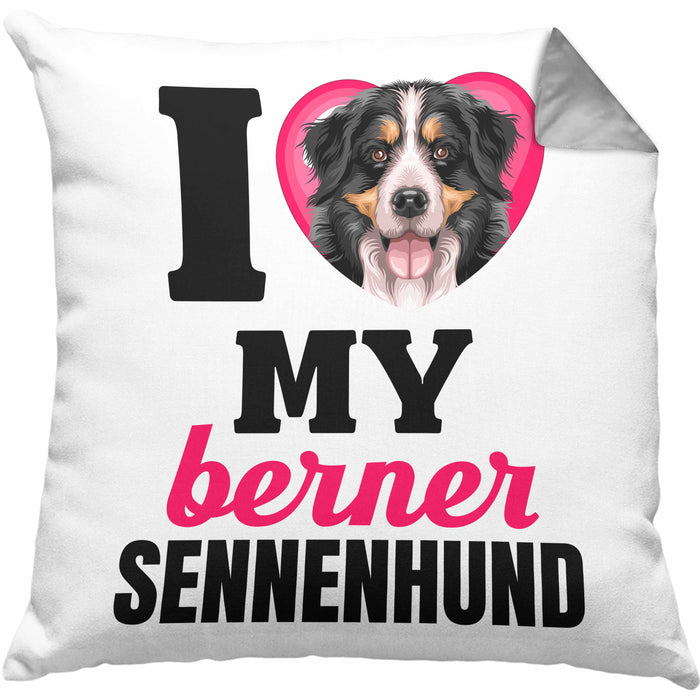 Berner Sennen Besitzerin Kissen mit Füllung 40x40 Geschenk Lustiger Spruch Geschenkidee I Love My Berner Sennen (Grau) Grau Trendation