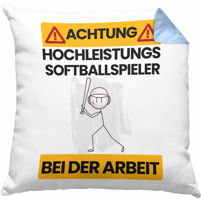 Softballspieler Kissen mit Füllung 40x40 Geschenk Lustiger Spruch Geschenkidee für Softballspieler Achtung Hochleistungs Softballspieler Bei Der Arbeit (Grau) Blau Trendation