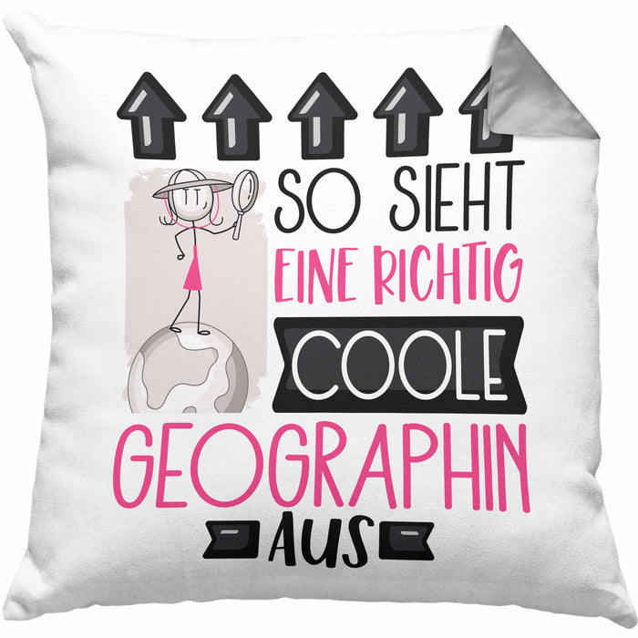 Geographin Geschenk Kissen mit Füllung 40x40 Geschenkidee für Geographin Geburtstag Weihnachten Spruch So Sieht Eine Richtig Coole Geographin Aus (Grau) Grau Trendation