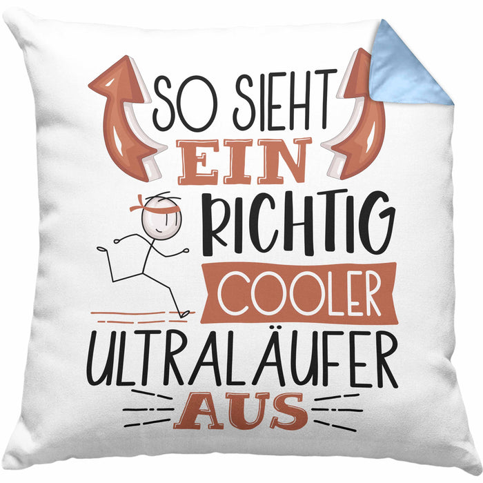 So Sieht Ein Richtig Cooler Ultraläufer Aus Kissen mit Füllung 40x40 Geschenk für Ultra Marathon Läufer Geburtstag Geschenkdiee (Grau) Blau Trendation