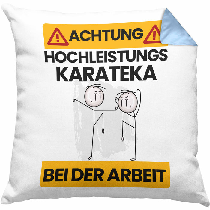 Karateka Kissen mit Füllung 40x40 Geschenk Lustiger Spruch Geschenkidee für Karateka Achtung Hochleistungs Karateka Bei Der Arbeit (Grau) Blau Trendation