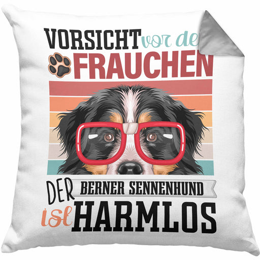 Berner Sennen Besitzerin Frauchen Kissen mit Füllung 40x40 Geschenk Lustiger Spruch Geschenkidee Vorsicht Vor Dem Frauchen (Grau) Grau Trendation