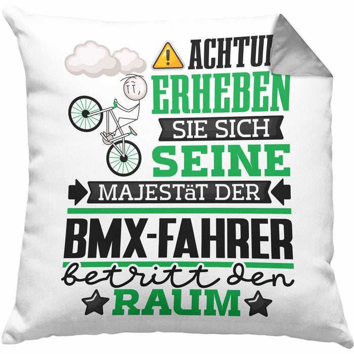 BMX-Fahrer Geschenk Kissen mit Füllung 40x40 Lustiger Spruch Erheben Sie Sich Der BMX-Fahrer Betritt den Raum (Grau) Grau Trendation