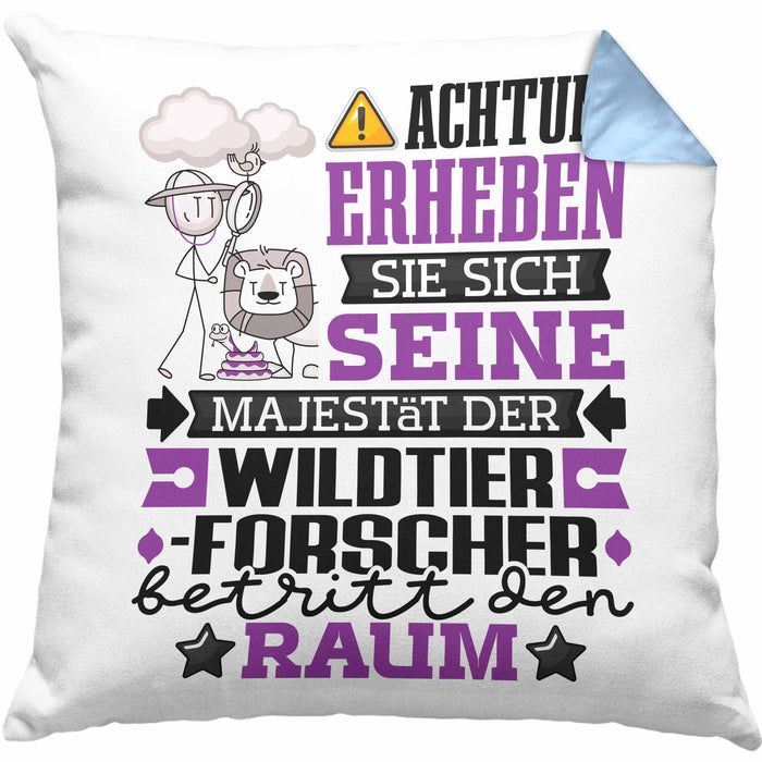Wildtierforscher Geschenk Kissen mit Füllung 40x40 Lustiger Spruch Erheben Sie Sich Der Wildtierforscher Betritt den Raum (Grau) Blau Trendation