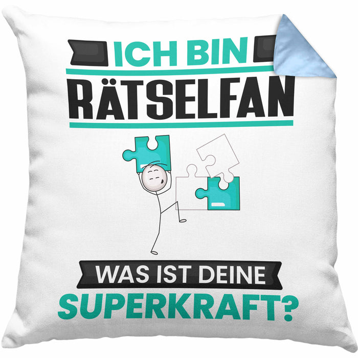 Rätselfan Kissen mit Füllung 40x40 Geschenk für Rätselfan Geburtstag Lustiger Spruch Was Ist Deine Superkraft (Grau) Blau Trendation