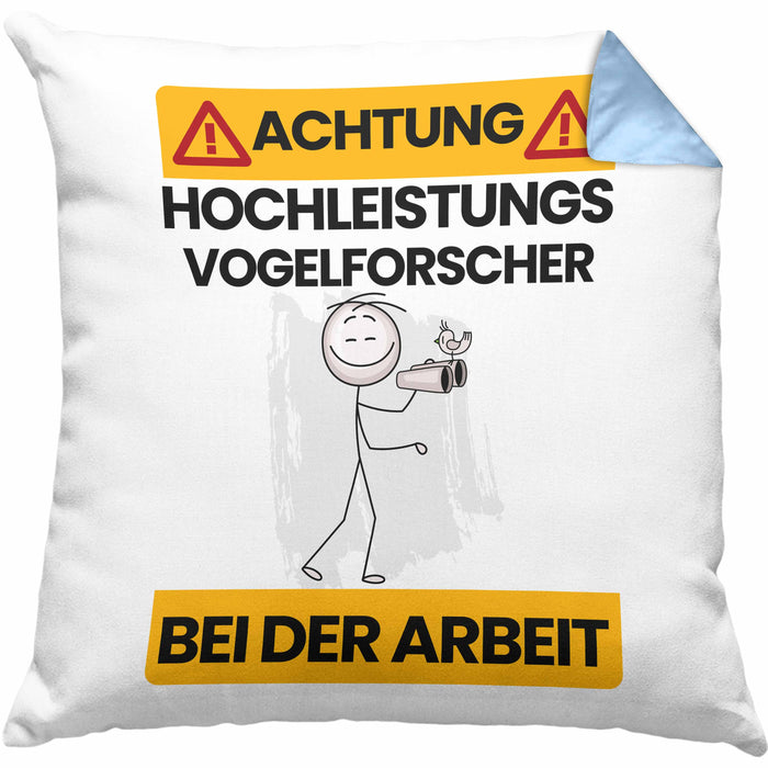 Vogelforscher Kissen mit Füllung 40x40 Geschenk Lustiger Spruch Geschenkidee für Vogelforscher Achtung Hochleistungs Vogelforscher Bei Der Arbeit (Grau) Blau Trendation