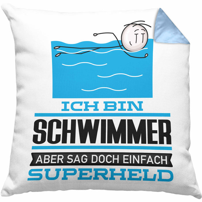 Schwimmer Geschenk Kissen mit Füllung 40x40 Ich Bin Schwimmer Aber Sag Doch Einfach Superheld Lustige Geschenkdiee für Schwimmer (Grau) Blau Trendation
