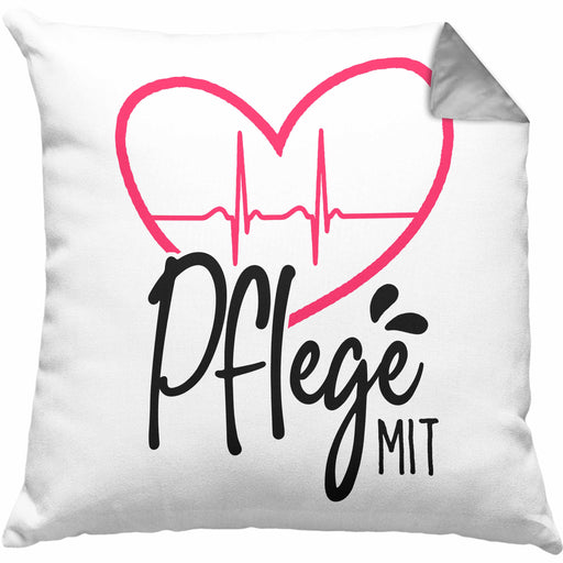 Geschenkidee Pfleger Kissen mit Füllung 40x40 "Pflege mit Herz" Grafik Pfleger Geschenk (Grau) Grau Trendation