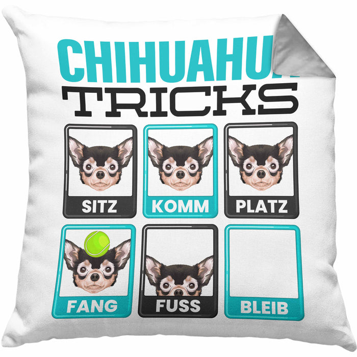 Chihuahua Besitzer Kissen mit Füllung 40x40 Geschenk Lustiger Spruch Geschenkidee Chihuahua Tricks Bleib (Grau) Grau Trendation