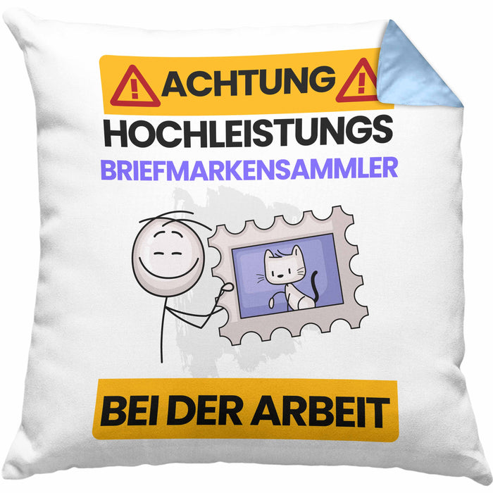 Briefmarkensammler Kissen mit Füllung 40x40 Geschenk Lustiger Spruch Geschenkidee für Briefmarkensammler Achtung Hochleistungs Briefmarkensammler Bei Der Arbeit (Grau) Blau Trendation