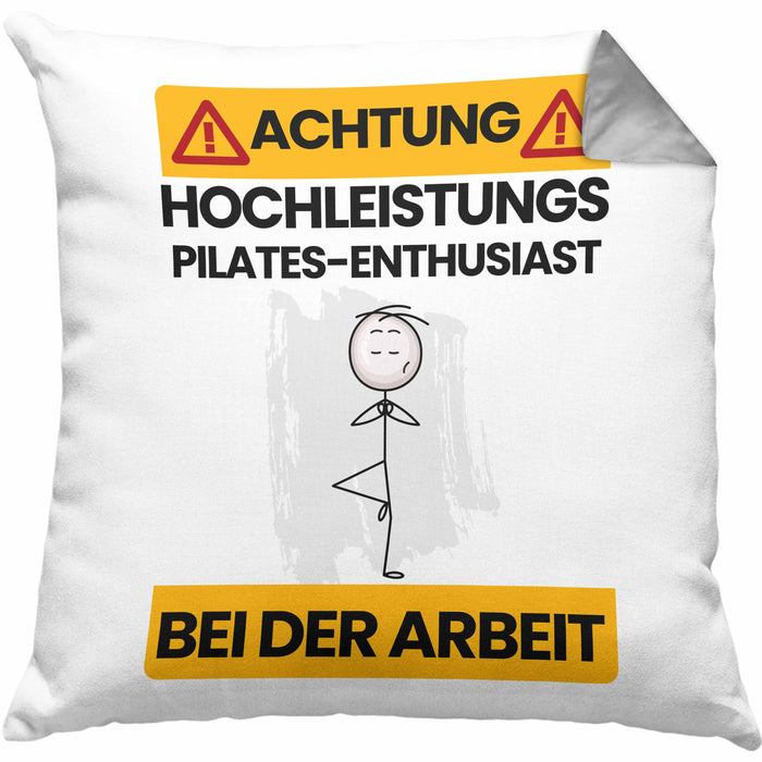 Pilates-Enthusiast Kissen mit Füllung 40x40 Geschenk Lustiger Spruch Geschenkidee für Pilates-Enthusiast Achtung Hochleistungs Pilates-Enthusiast Bei Der Arbeit (Grau) Grau Trendation