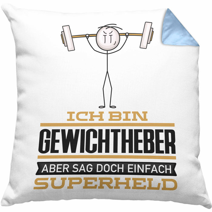 Gewichtheber Geschenk Kissen mit Füllung 40x40 Ich Bin Gewichtheber Aber Sag Doch Einfach Superheld Lustige Geschenkdiee für Gewichtheber (Grau) Blau Trendation