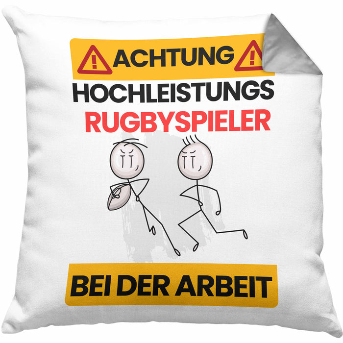 Rugbyspieler Kissen mit Füllung 40x40 Geschenk Lustiger Spruch Geschenkidee für Rugbyspieler Achtung Hochleistungs Rugbyspieler Bei Der Arbeit (Grau) Grau Trendation