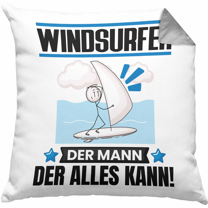 Windsurfer Kissen mit Füllung 40x40 Geschenk für Windsurfer Der Mann Der Alles Kann Geschenkidee zum Geburtstag (Grau) Grau Trendation